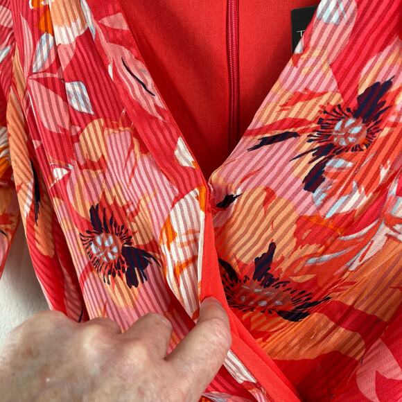 Tahari ASL Ruffle Hem Tie Waist V-Neck Short Sleeve Pink Floral Mini Dress 2 NWT - Picture 8 of 16